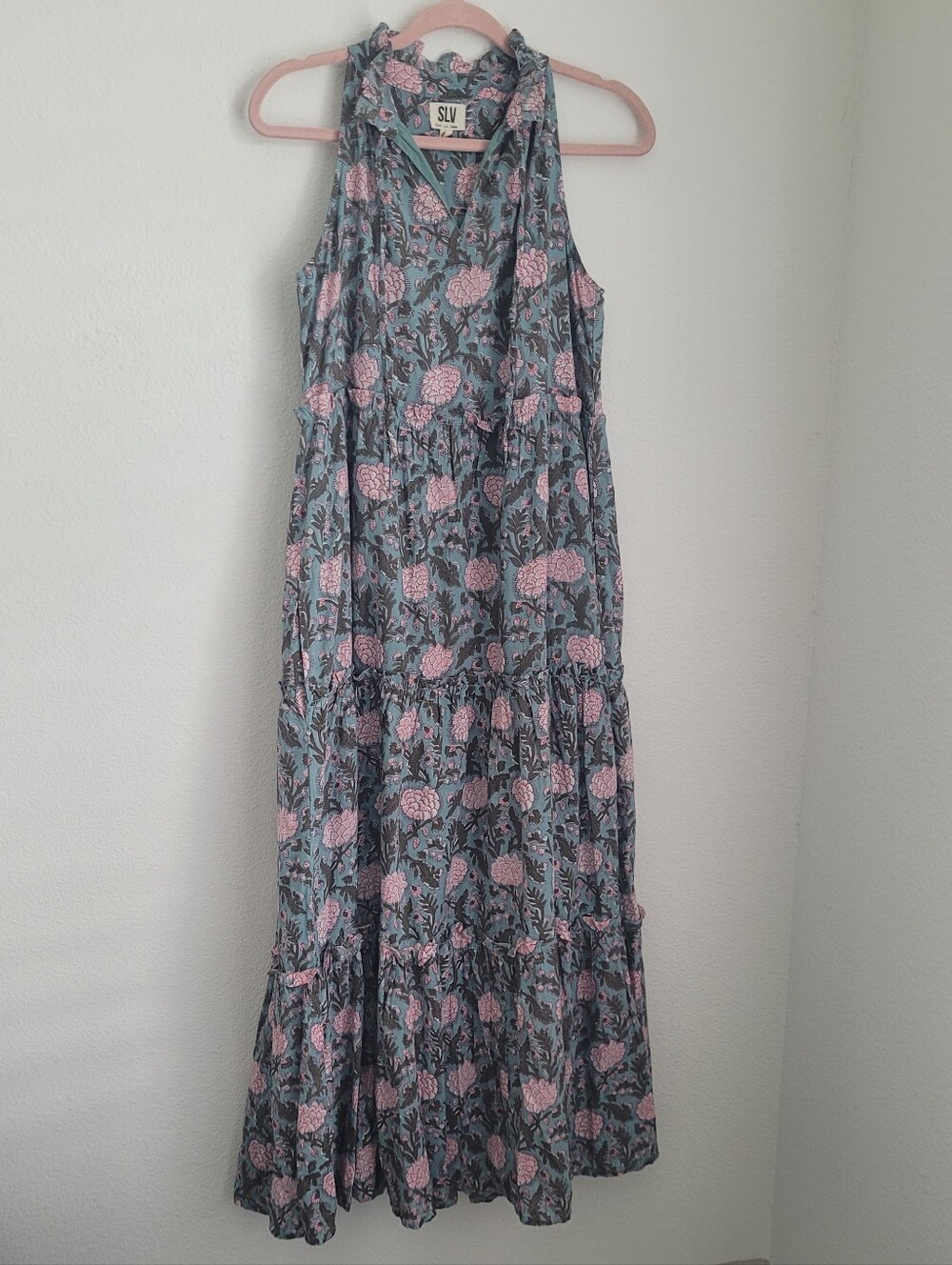 Sur La Vague Cotton Hand Block Print Tiered Maxi Dress Pockets OS Floral Boho